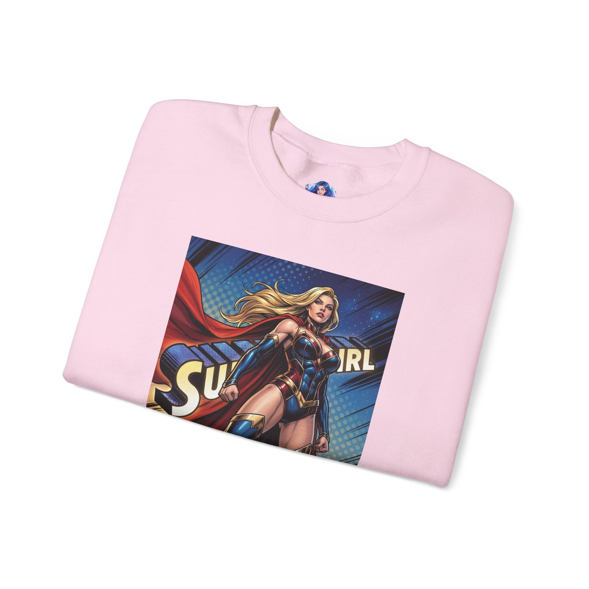 Supergirl Sweatshirt, DC Comics Crewneck, Iconic Superhero Fan Apparel — pink crewneck with bold Supergirl comic graphic