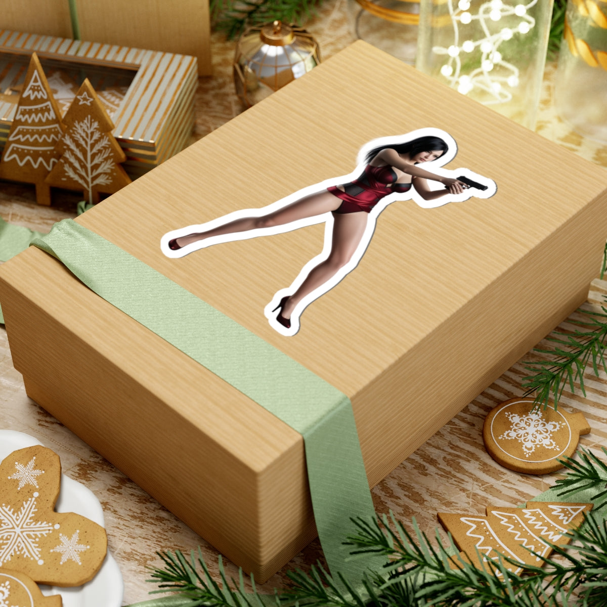 Ada Wong Sticker – Iconic Game Character Vinyl Sticker for Laptops & Indoor Decor on a wrapped gift box, glossy die-cut vinyl decal applied smoothly
