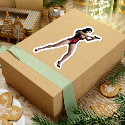 Ada Wong Sticker – Iconic Game Character Vinyl Sticker for Laptops & Indoor Decor on a wrapped gift box, glossy die-cut vinyl decal applied smoothly