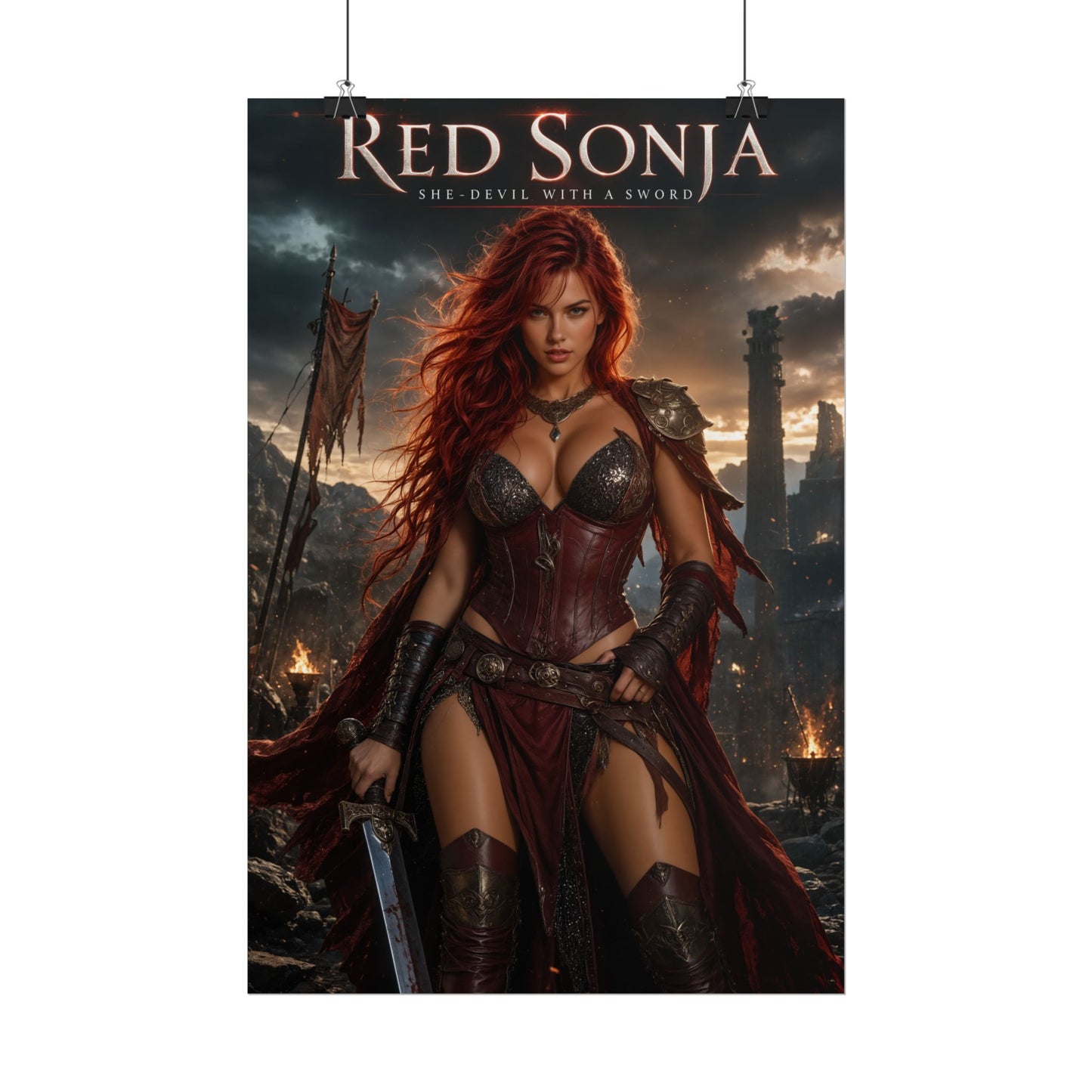 Red Sonja Poster, Fantasy Wall Art, Barbarian Warrior Print, Gamer Decor