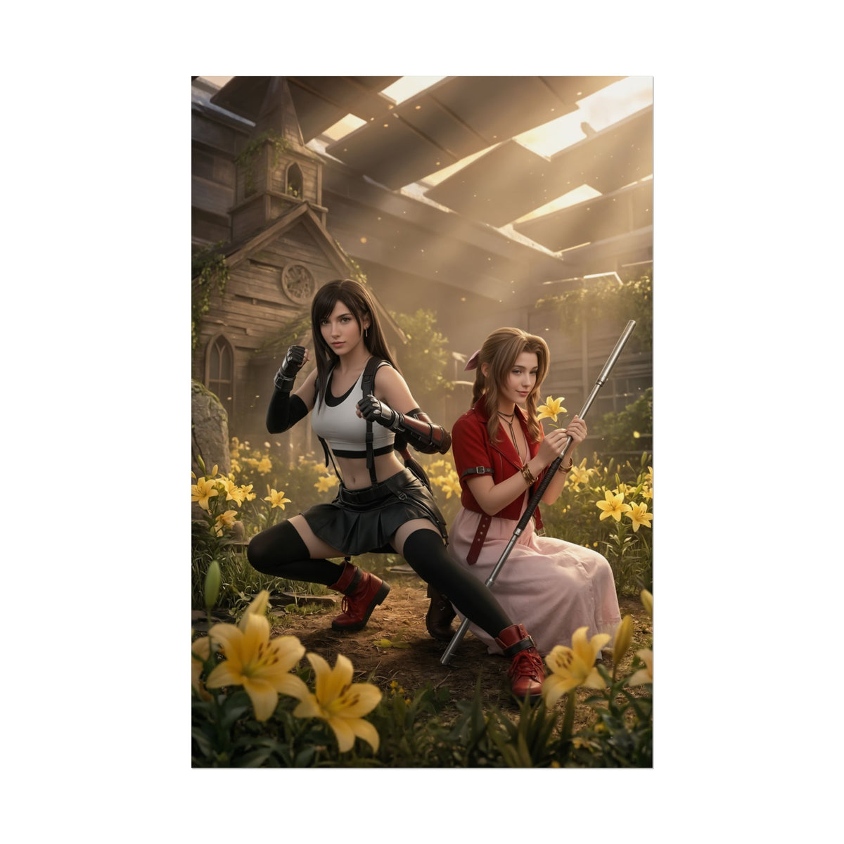 Tifa and Aerith Poster, Final Fantasy Art Print  Iconic RPG Duo featuring Tifa and Aerith in a sunlit flowered ruin