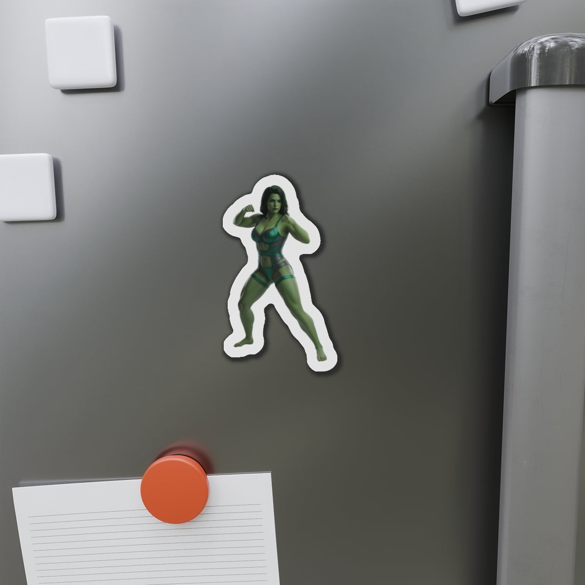 She-Hulk Magnet – Marvel Heroine Fridge Magnet, Anime Style Decor die-cut vinyl magnet on gray fridge showcasing green anime-style She-Hulk artwork