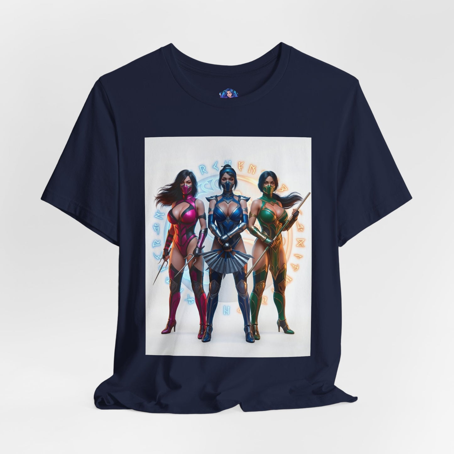 Kitana Jade and Mileena T-Shirt | Mortal Kombat Anime Tee for Gamers & Fans - anime-style trio print on navy Bella tee