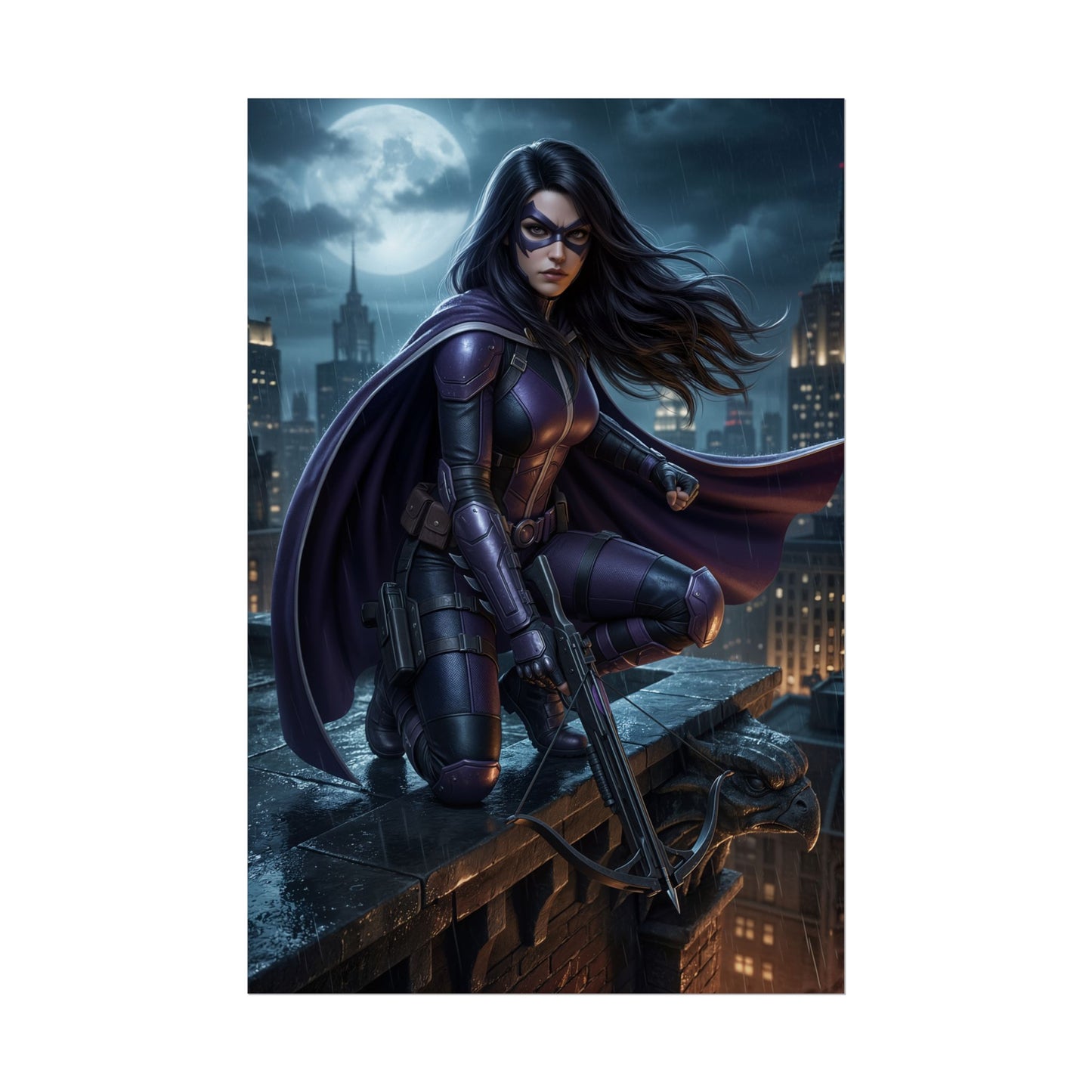 Huntress Poster, DC Comics Wall Art Print – Dark Hero Decor: moody rooftop Huntress art in purple tactical suit, crossbow, city night skyline