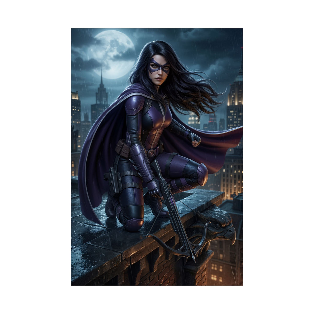 Huntress Poster, DC Comics Wall Art Print  Dark Hero Decor: moody rooftop Huntress art in purple tactical suit, crossbow, city night skyline