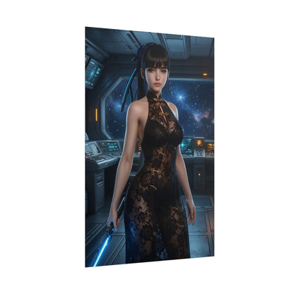 EVE Poster, Stellar Blade Print, Futuristic Combat Hero Art Wall Decor — disciplined armored heroine in sci‑fi bridge holding glowing blade