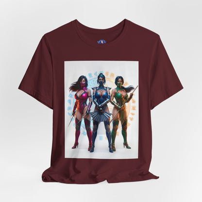 Kitana Jade and Mileena T-Shirt | Mortal Kombat Anime Tee for Gamers & Fans — anime-style trio print on maroon Bella canvas tee