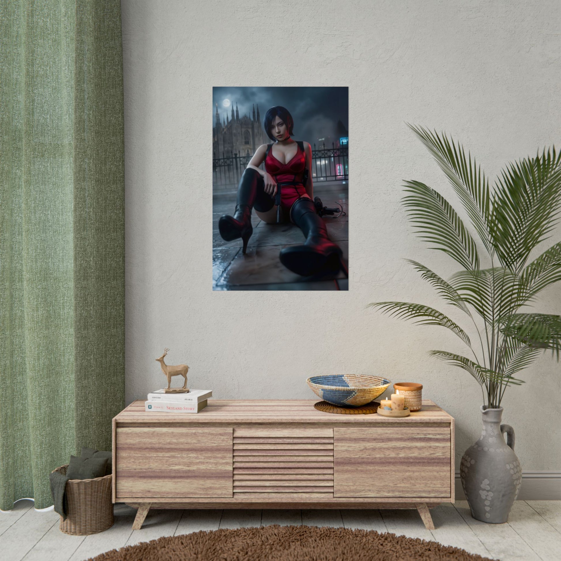 Ada Wong Poster / Ada Wong Wall Art / Ada Wong Art Print / Resident Evil Poster – cinematic rain‑soaked Ada Wong seated with weapons, noir gaming room art