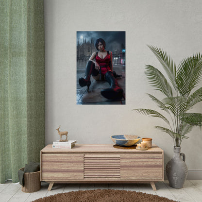Ada Wong Poster / Ada Wong Wall Art / Ada Wong Art Print / Resident Evil Poster – cinematic rain‑soaked Ada Wong seated with weapons, noir gaming room art