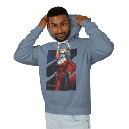 Harley Quinn Hoodie | DC Comics Hoodie | Anime Villain Girl Pullover model wearing blue pullover with anime-style Harley Quinn graphic