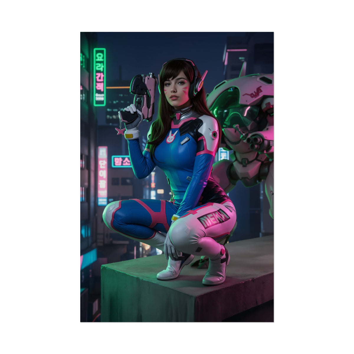 D.Va Poster  Iconic Esports Heroine Wall Art for Gamer Room Decor - high-res D.Va cosplay poster with mech, neon city backdrop