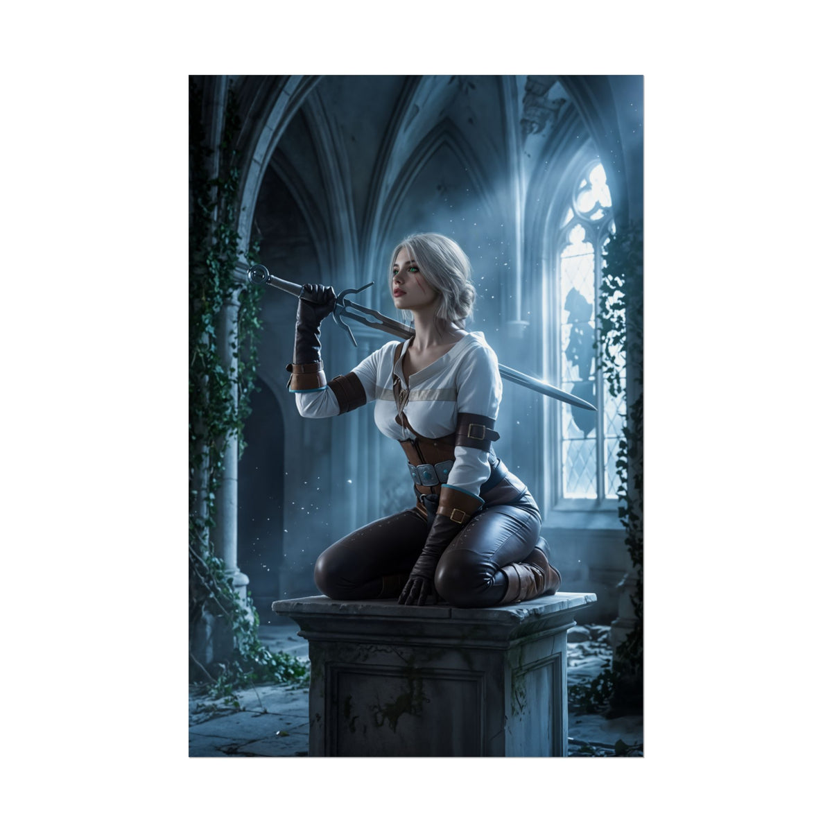 Ciri Poster, Witcher Series Print, Legendary RPG Hero Art Wall Decor  Ciri kneeling on pedestal in gothic hall with sword, moody fantasy gaming room art