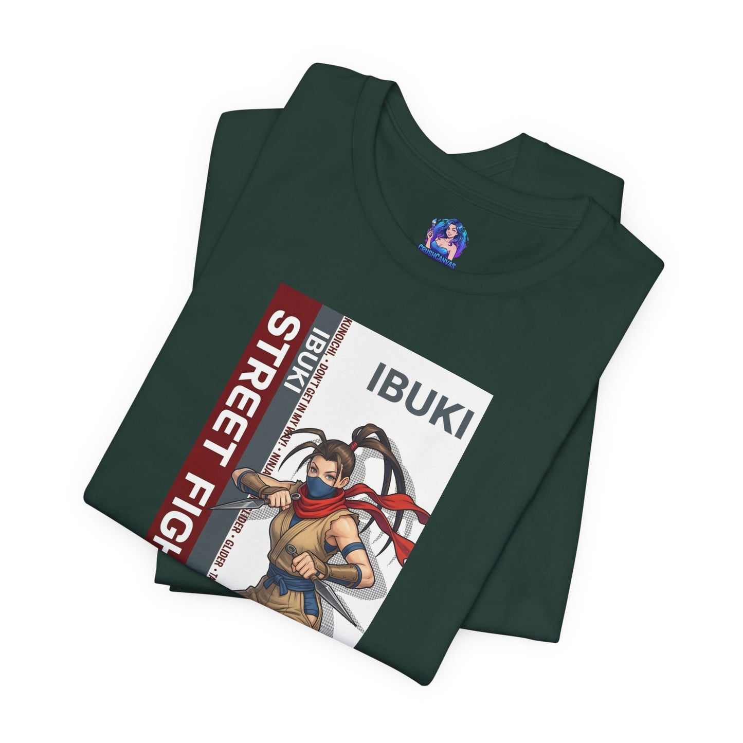 Ibuki T-Shirt | Street Fighter Anime Tee for Gamers & Fighting Game Fans front graphic on dark green Bella Canvas tee showing agile ninja illustration