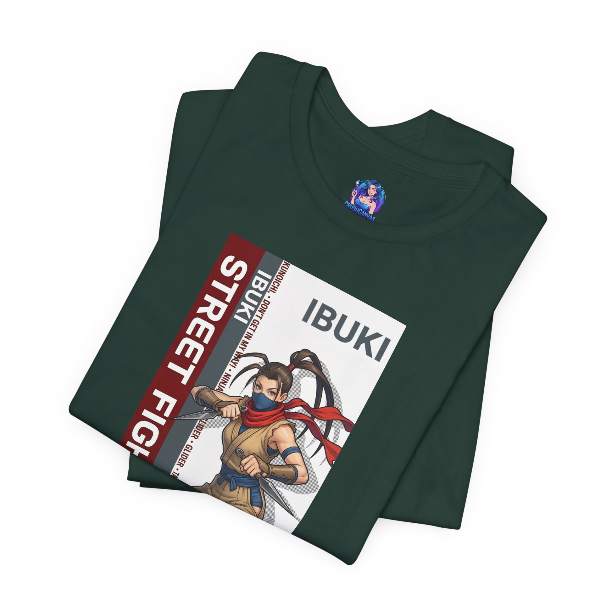 Ibuki T-Shirt | Street Fighter Anime Tee for Gamers & Fighting Game Fans front graphic on dark green Bella Canvas tee showing agile ninja illustration
