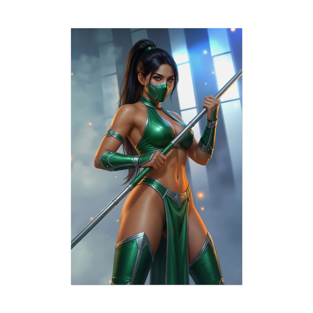 Jade Mortal Kombat Poster  Iconic Fighting Game Heroine Wall Art featuring Jade in green outfit with staff, high-res gaming room wall art