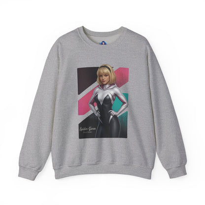 Spider Gwen Sweatshirt, Spider-Verse Crewneck, Stylish Superhero Apparel for Fans - gray crewneck with Spider Gwen artwork and pink-white accents