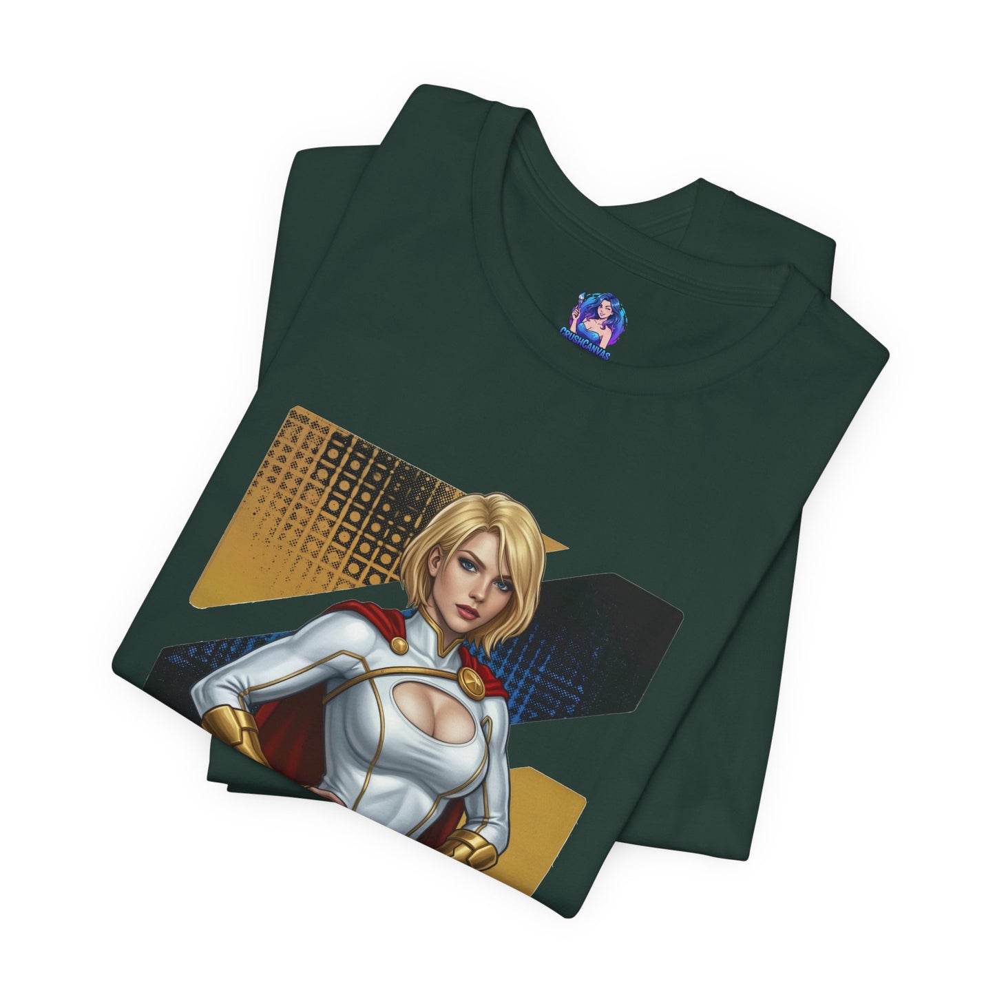 Power Girl T-Shirt | DC Comics Anime Tee for Gamers & Hero Fans folded dark green tee with anime-style Power Girl illustration on Bella Canvas 3001