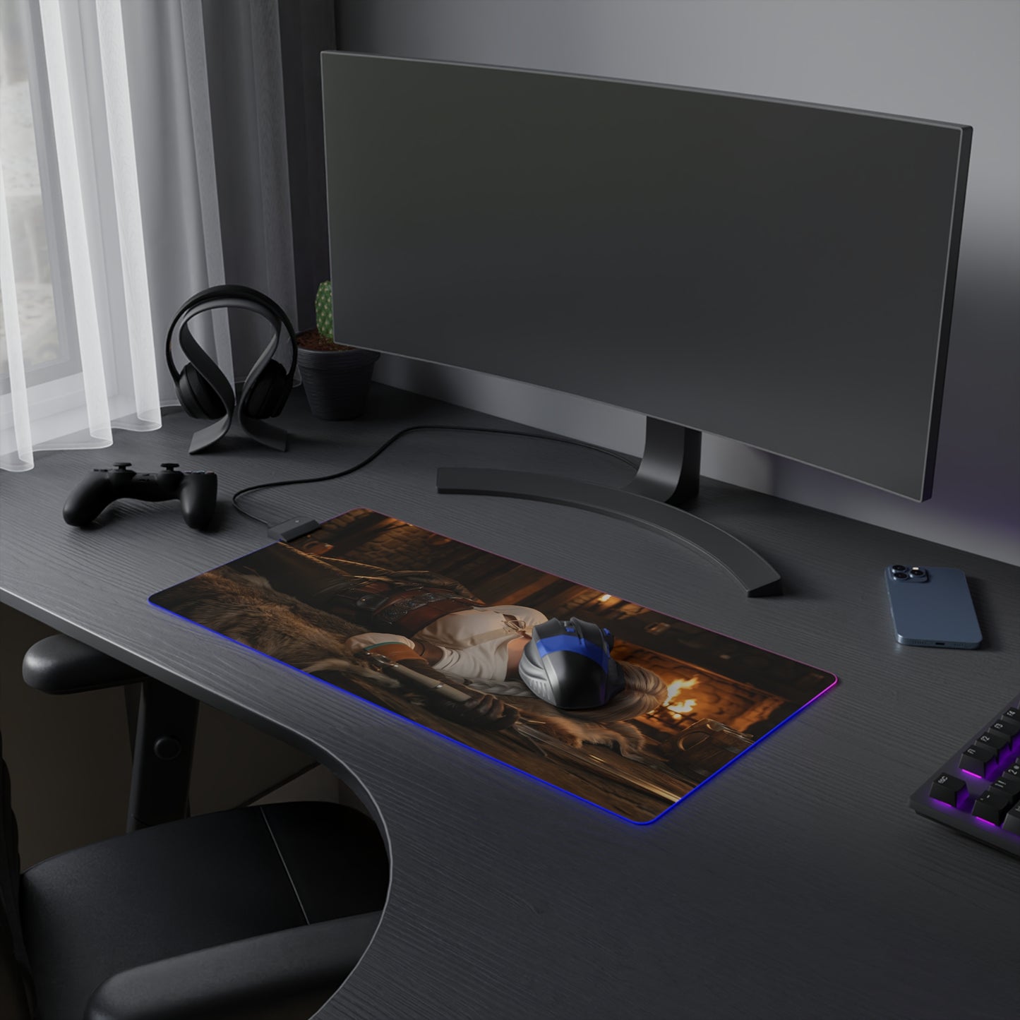 Ciri Desk Mat – LED RGB Pad, Waifu Fantasy Girl Gaming Setup on dark gaming desk with curved monitor, RGB edge lighting and mouse