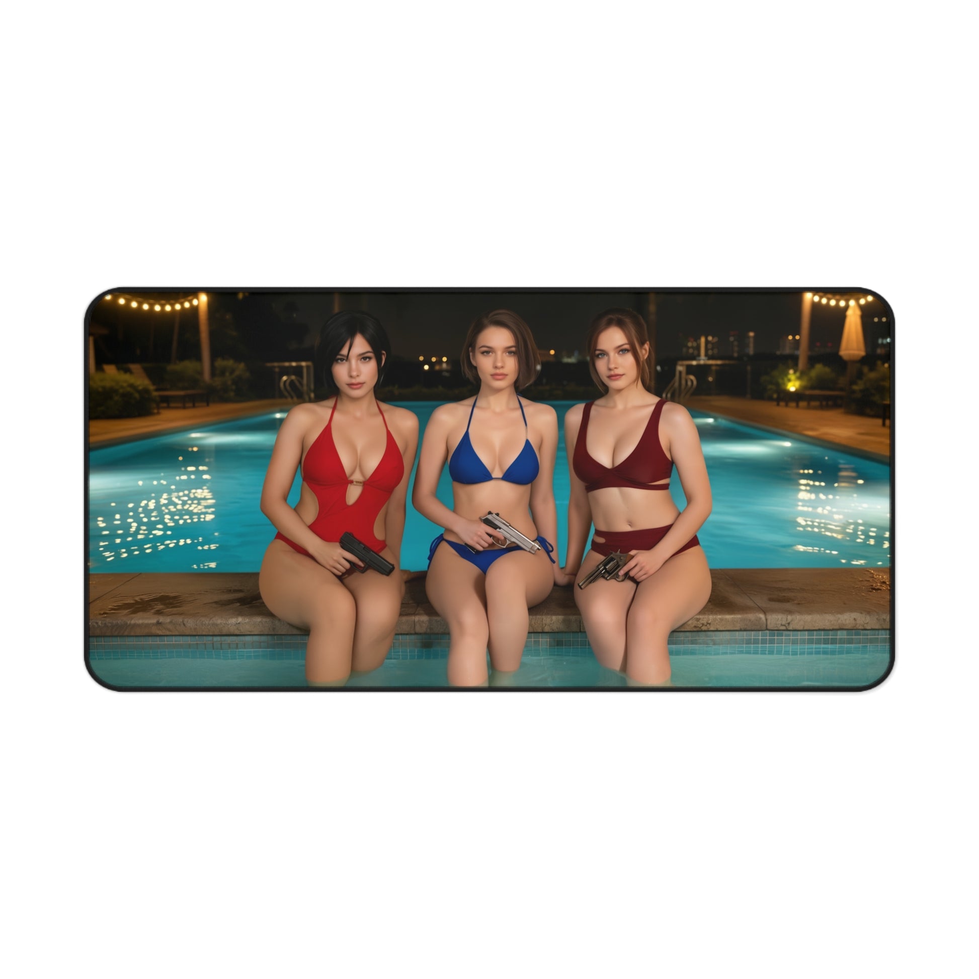 Ada Wong Claire Redfield Jill Valentine Gaming Mouse Pad, Survival Horror Desk Mat featuring three heroines in swimsuits by a pool with pistols