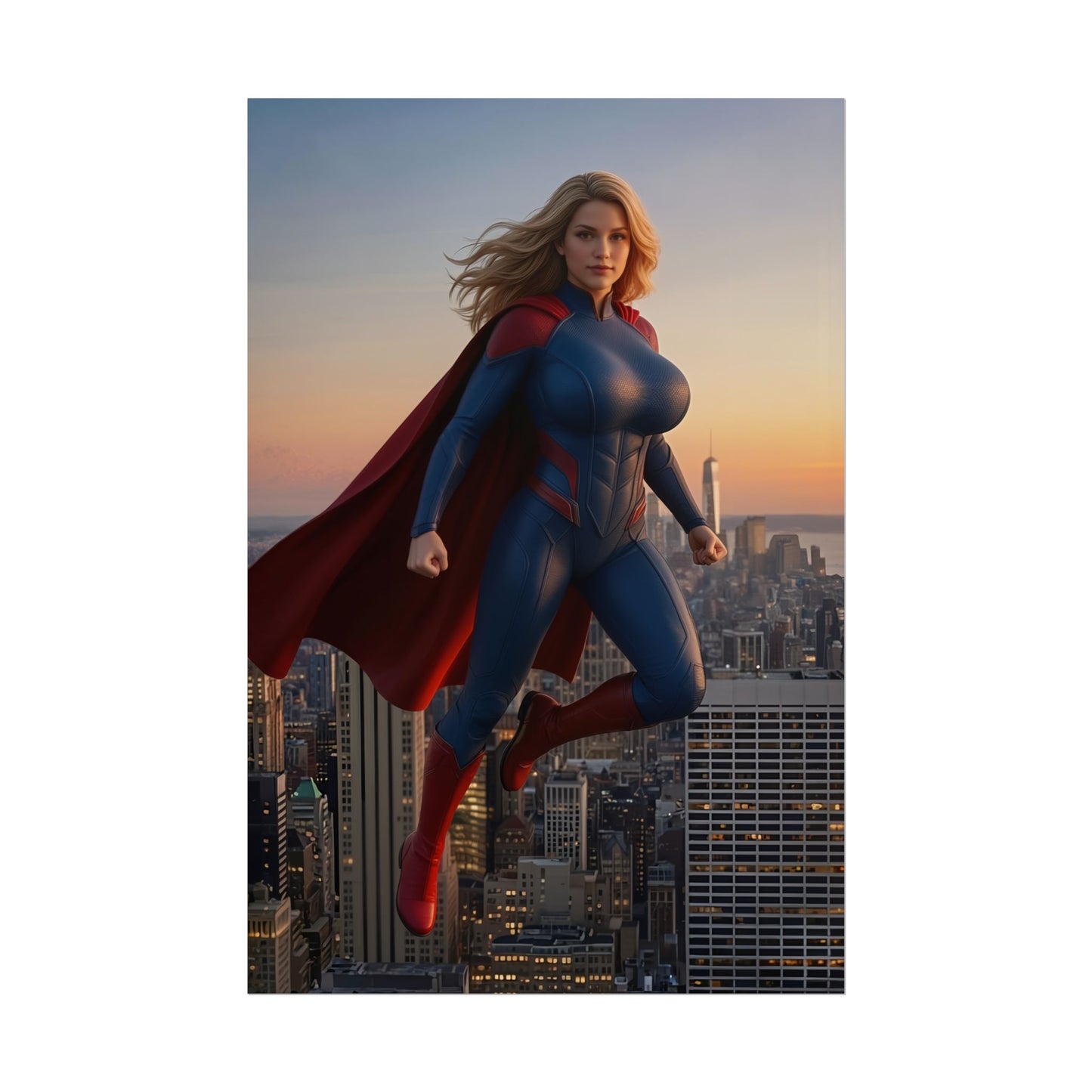 Supergirl Poster, DC Comics Art Print – Superhero Wall Art, high-res Supergirl soaring over city skyline at sunset for gamer rooms and fan collections