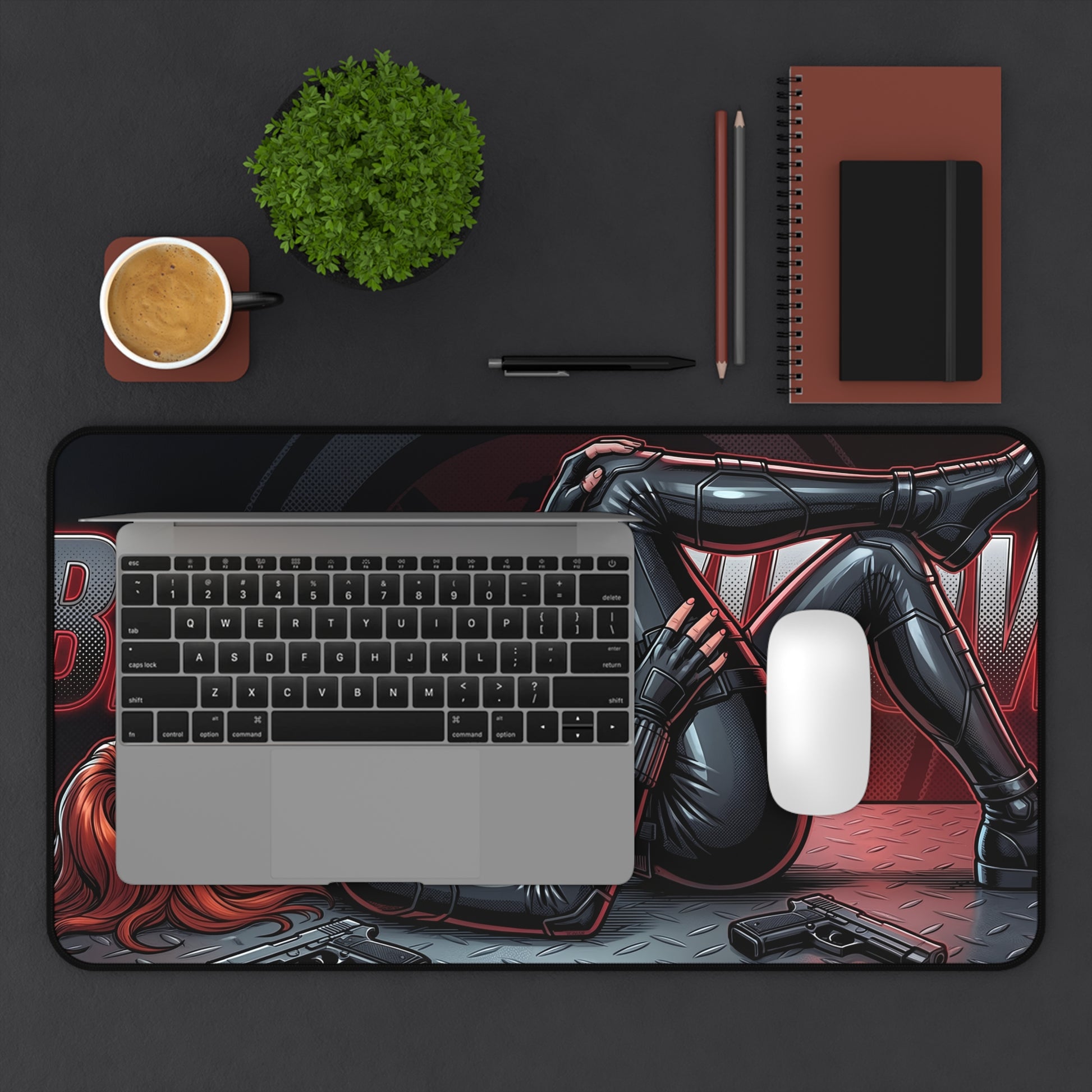 Black Widow Desk Mat, Superhero Mouse Pad, Gaming Setup Desk Decor showing tactical character artwork, smooth glide surface and non-slip base