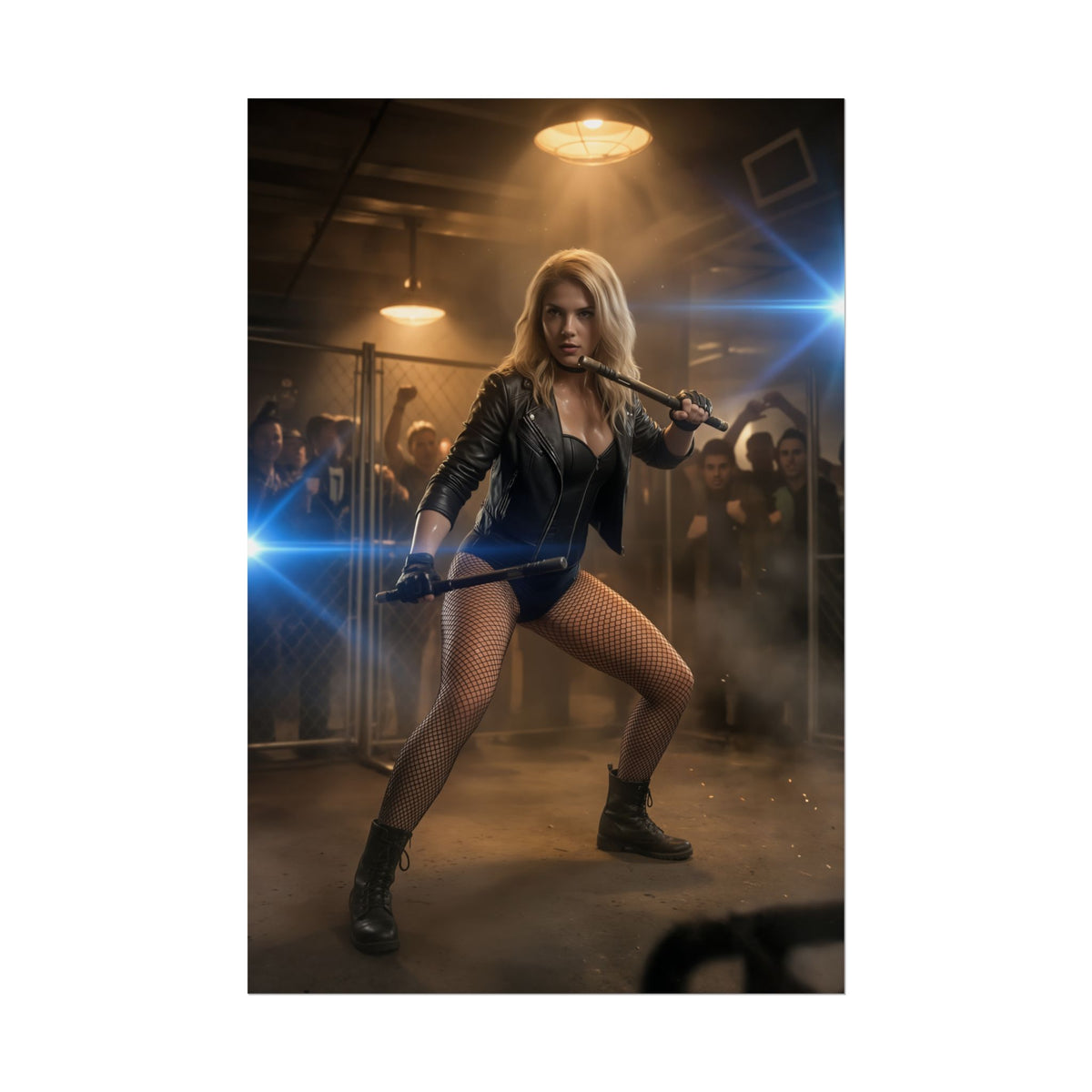 Black Canary DC Poster  Iconic Superheroine Wall Art for Gamer Decor showing fierce heroine in leather jacket, fishnets and combat boots with staff