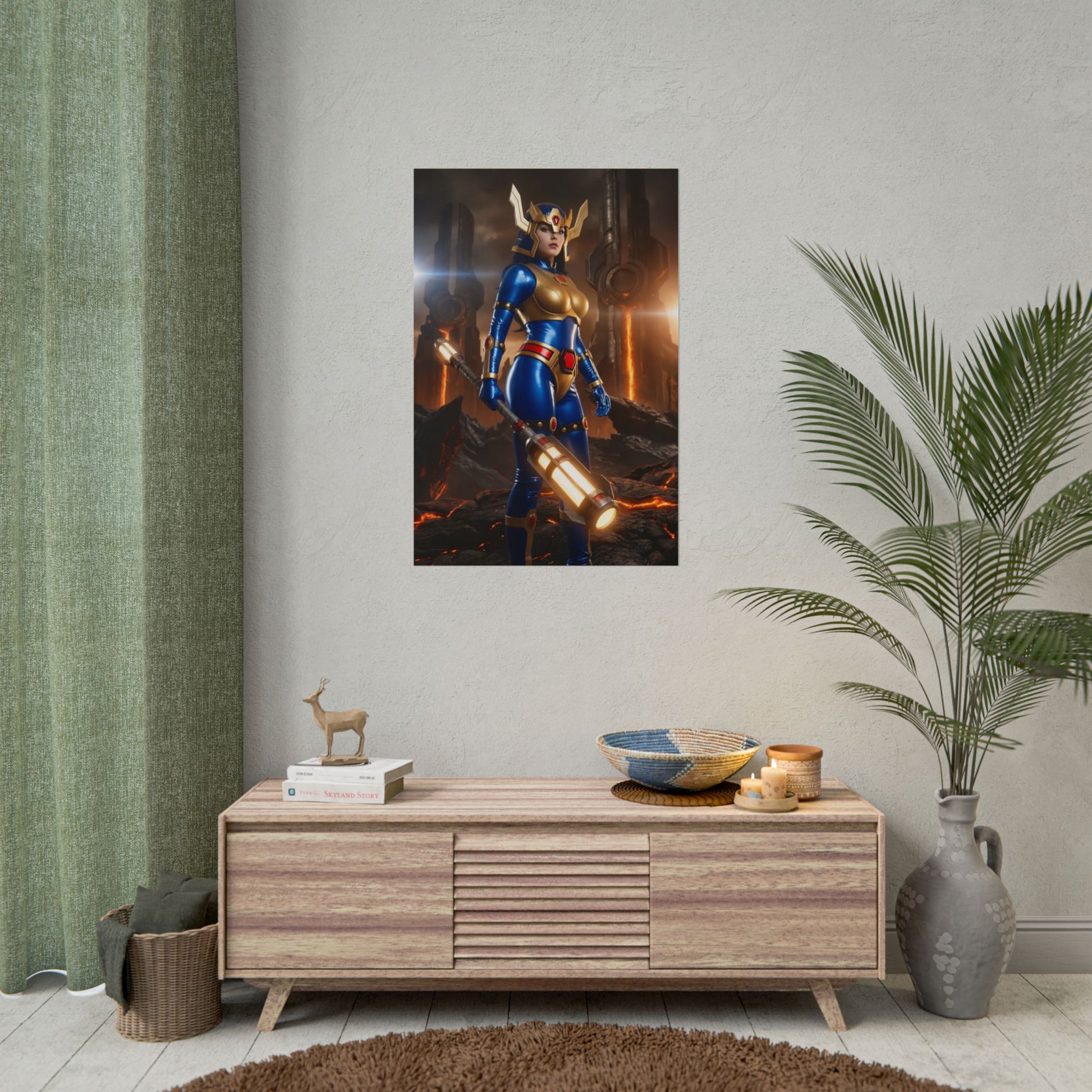 Big Barda Poster, DC Comics Art Print – Iconic Warrior Heroine Wall Art vibrant framed poster of Big Barda in heroic pose over lava backdrop