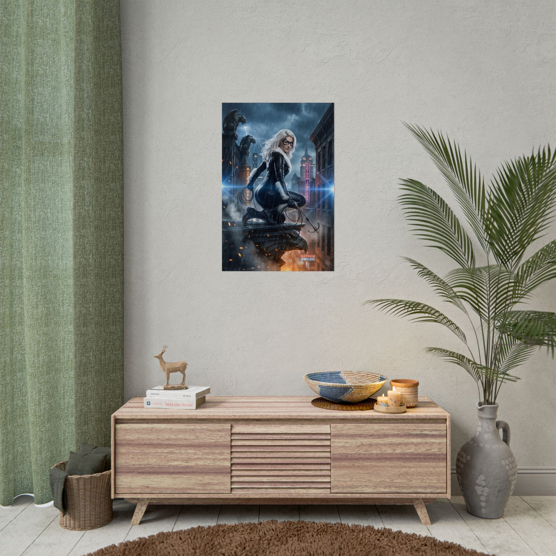 Black Cat Poster, Marvel Print – Classic Comic Wall Art Gift for Fans displayed in modern living room wall décor