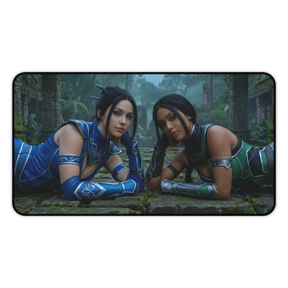Kitana and Jade Gaming Mouse Pad, Mortal Kombat Desk Mat, Edenian Fighters Setup — HD artwork of Kitana and Jade reclining on temple ruins