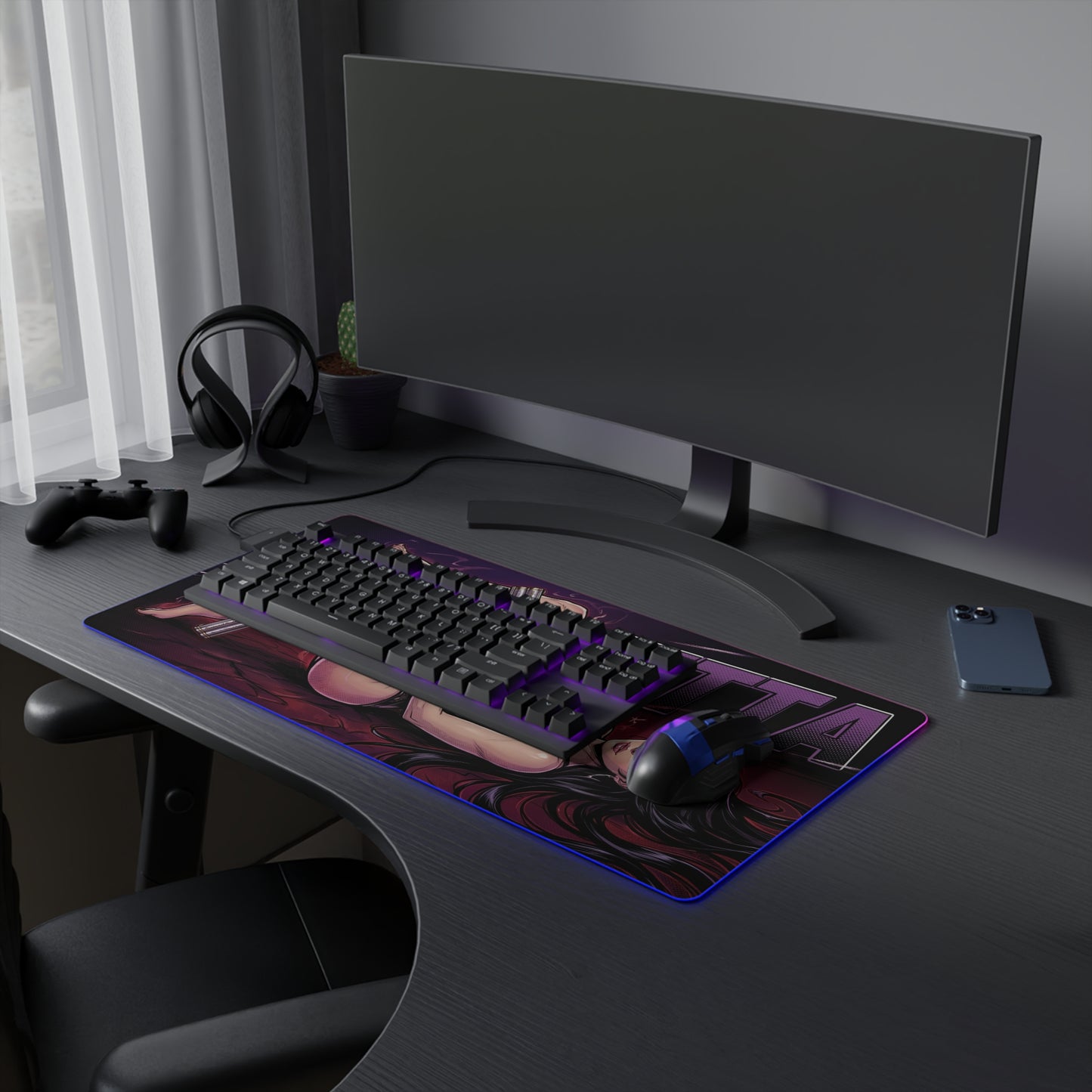 Bayonetta RGB Desk Mat, Action Game Gaming Mouse Pad, LED Desk Mat for Gamer Setup showcasing character artwork with RGB edge lighting on a sleek gaming desk