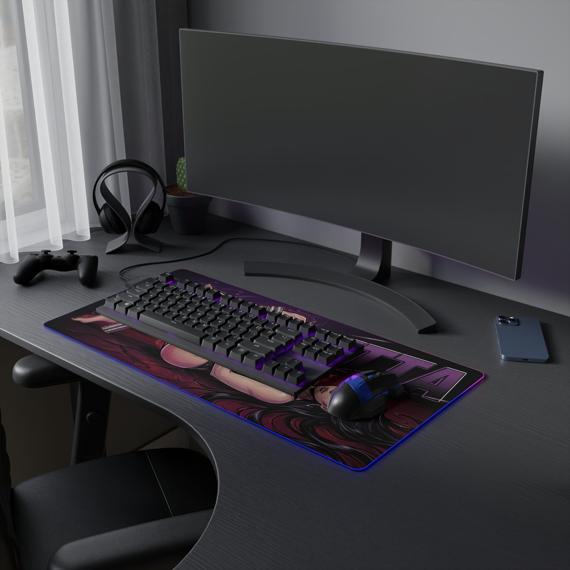 Bayonetta RGB Desk Mat, Action Game Gaming Mouse Pad, LED Desk Mat for Gamer Setup showcasing character artwork with RGB edge lighting on a sleek gaming desk