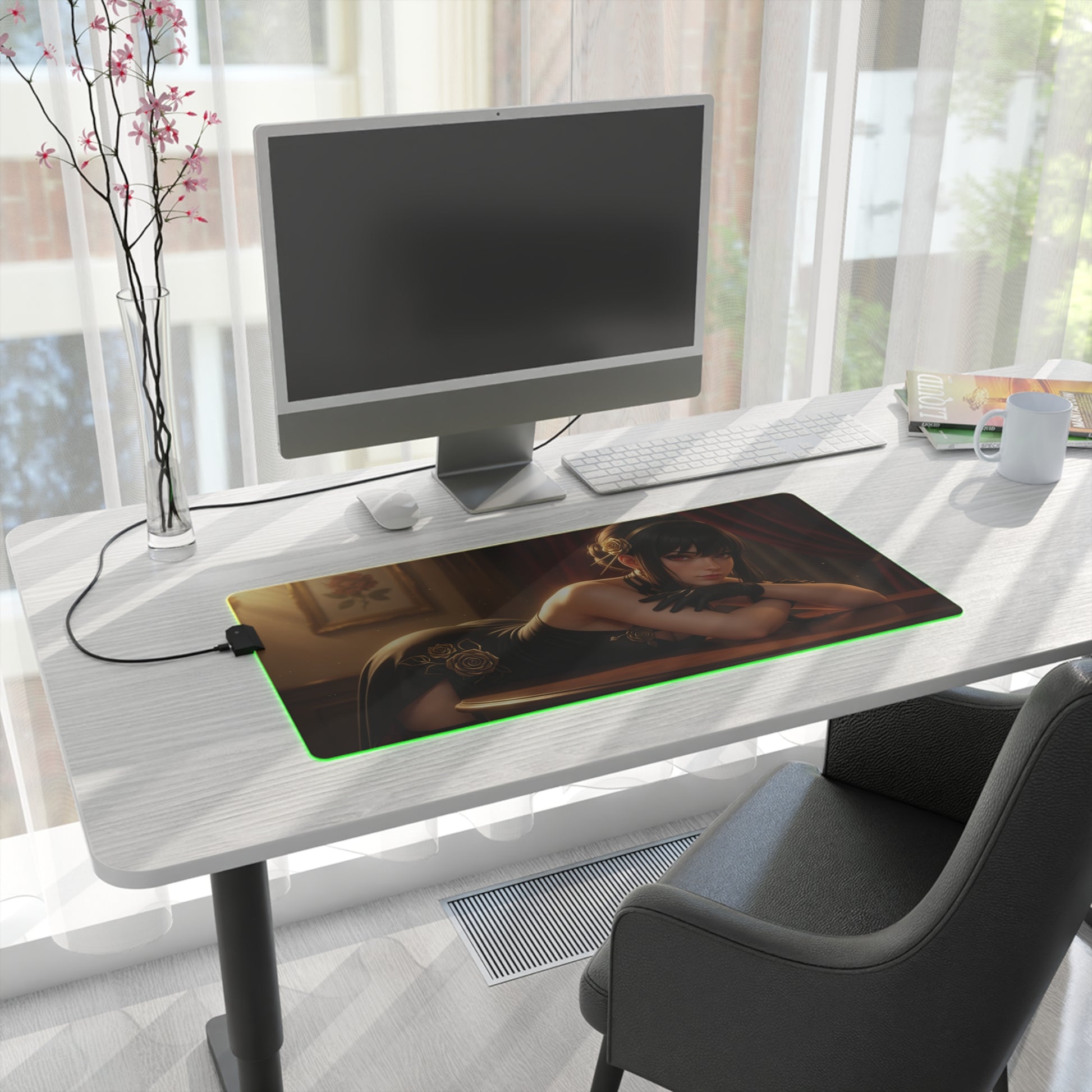 Yor Forger Desk Mat – LED RGB Pad, Waifu Anime Girl Gaming Setup on modern white desk with monitor and green RGB glow