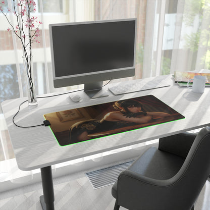 Yor Forger Desk Mat – LED RGB Pad, Waifu Anime Girl Gaming Setup on modern white desk with monitor and green RGB glow