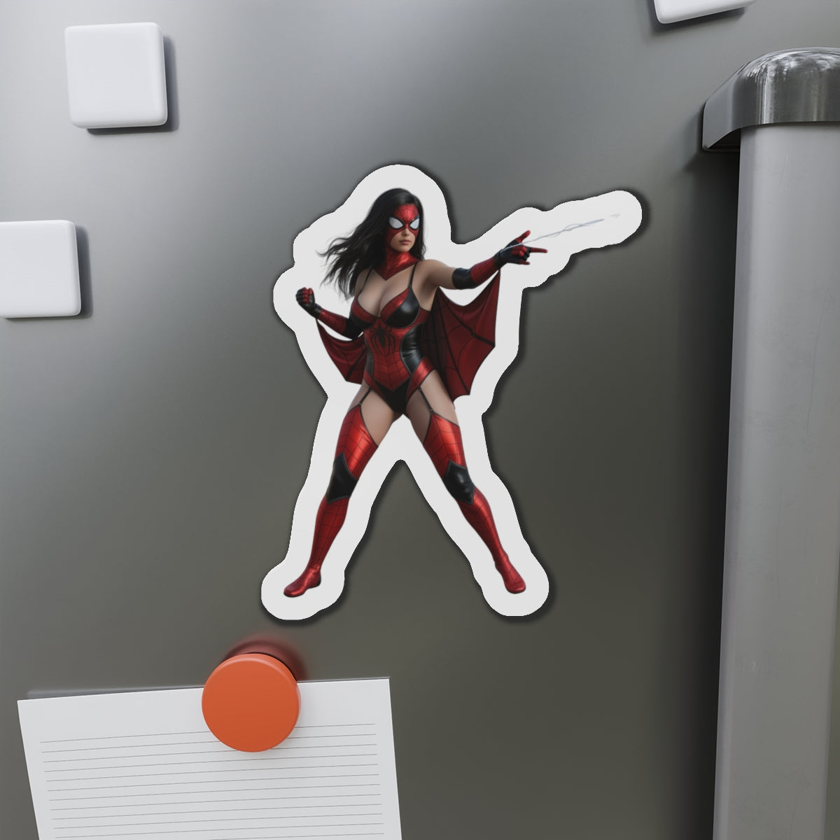 Spider-Woman Magnet – Marvel Heroine Fridge Magnet, Anime Style Decor die-cut vinyl fridge magnet showing Spider-Woman in red anime-style pose