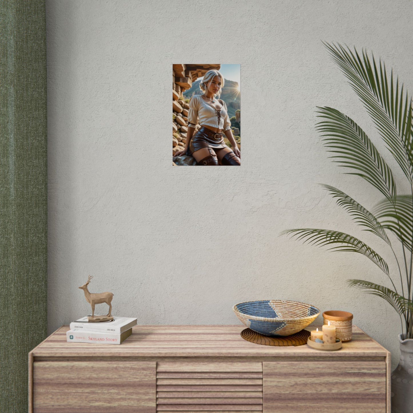 Ciri Art Print – Legendary Heroine Wall Decor for Gaming or Collector Rooms shown above a modern dresser in a gaming or collector room