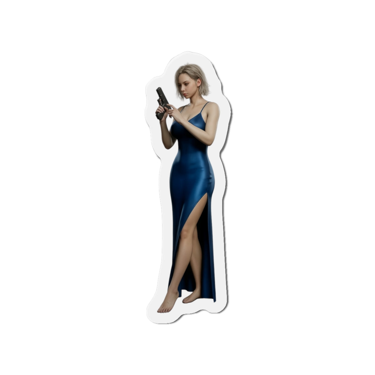 Grace Ashcroft Magnet, Resident Evil Fridge Magnet, horror game decor gamer gift featuring anime-style Grace Ashcroft in blue dress holding a pistol