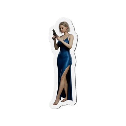 Grace Ashcroft Magnet, Resident Evil Fridge Magnet, horror game decor gamer gift featuring anime-style Grace Ashcroft in blue dress holding a pistol