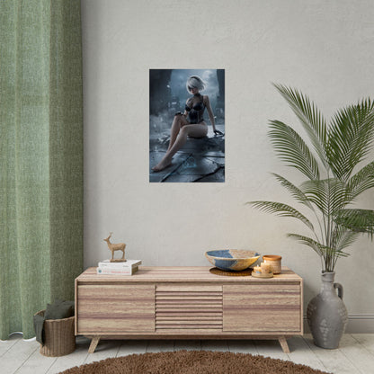 2B Poster / 2B Wall Art / 2B Art Print / NieR Automata Poster — moody cinematic 2B sitting amid digital ruins, premium sci‑fi wall decor