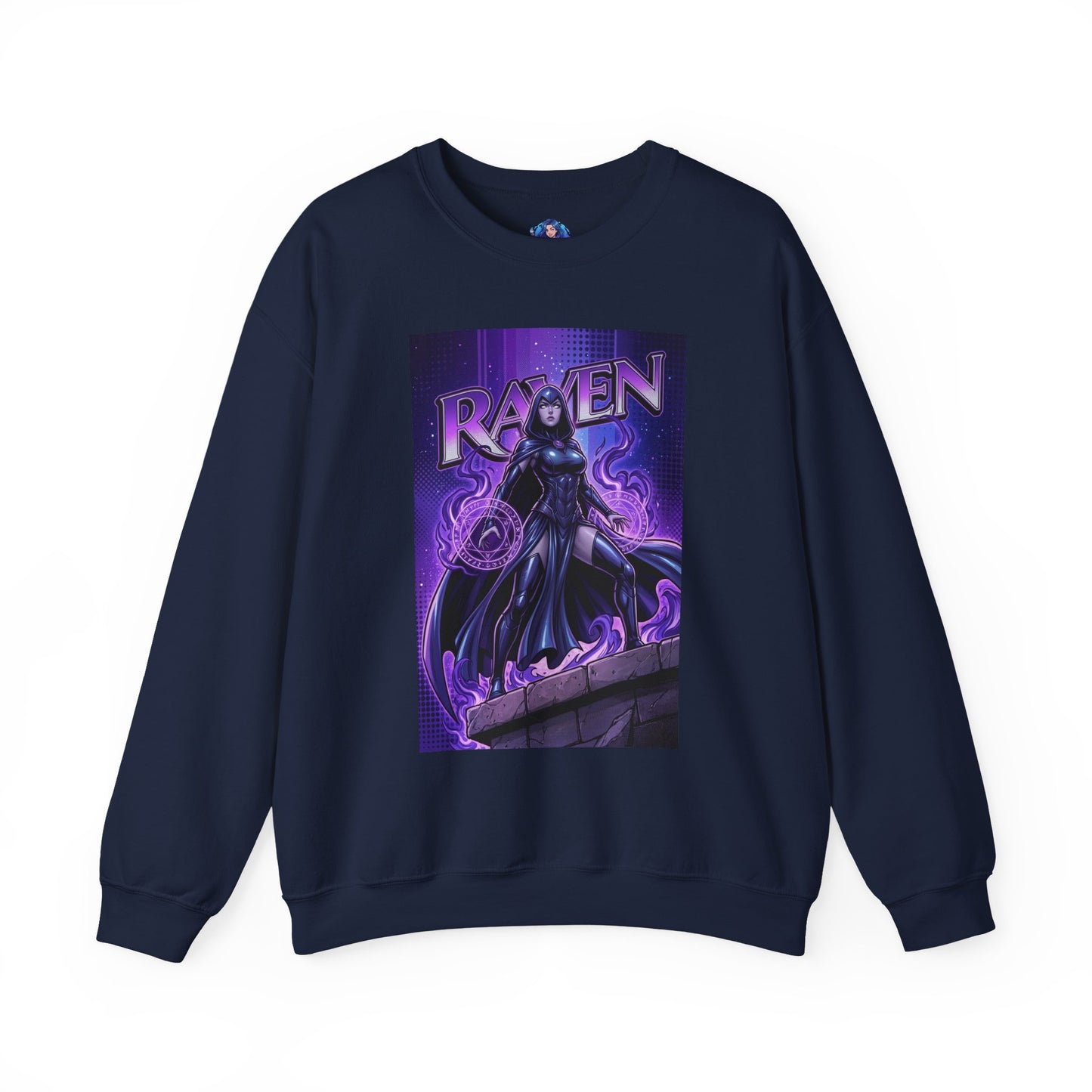 Raven Sweatshirt, DC Comics Art Print Style, Premium Mystic Apparel – navy crewneck with anime-style Raven artwork, glowing purple arcane symbols