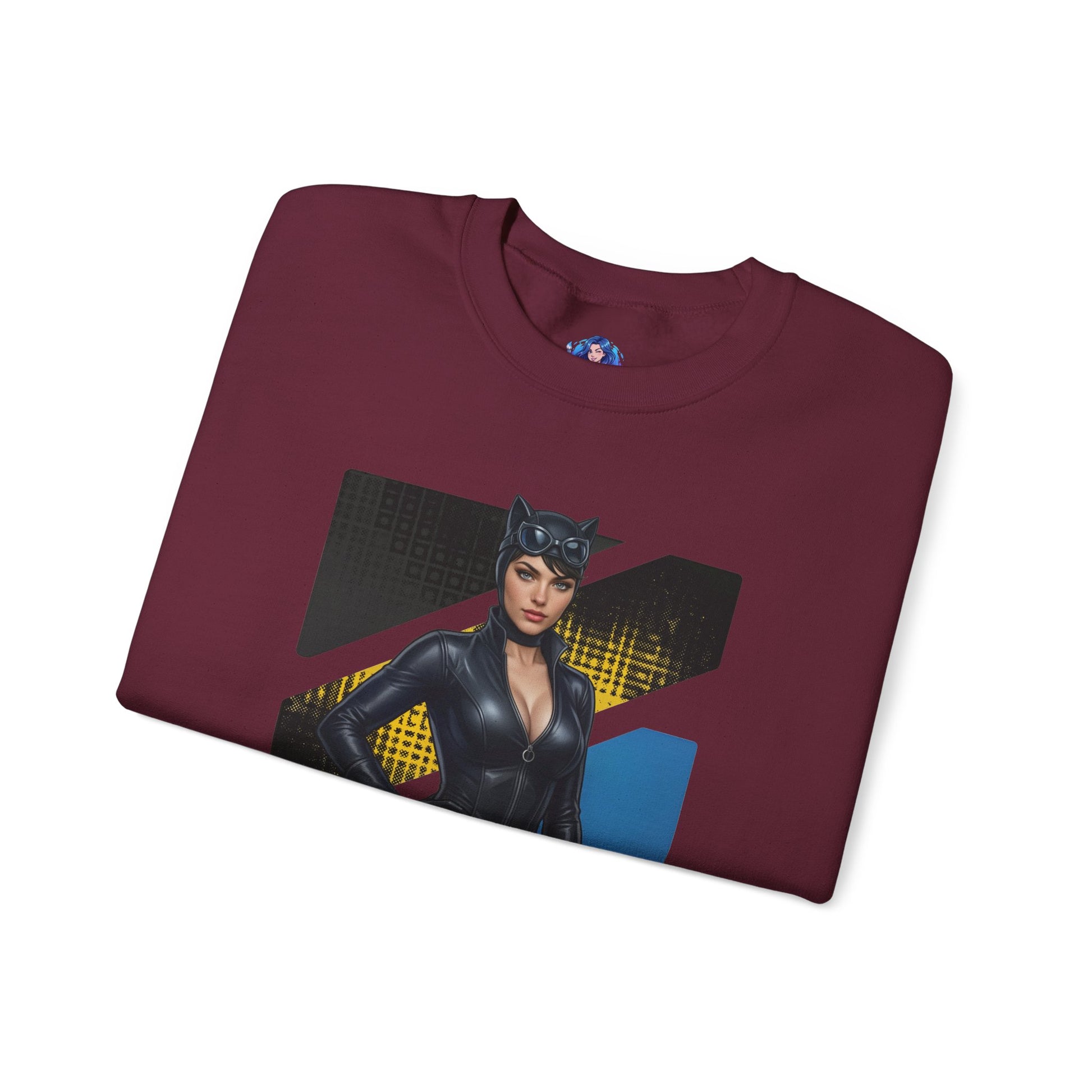 Catwoman Sweatshirt, DC Comics Crewneck, Sleek Superhero Apparel for Fans - maroon crewneck with Catwoman graphic