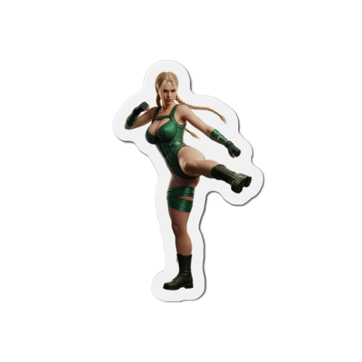 Cammy White Magnet – Street Fighter Anime Heroine Fridge Magnet, Game Decor: die-cut vinyl magnet of Cammy in green combat pose for fridge, locker, gaming setup