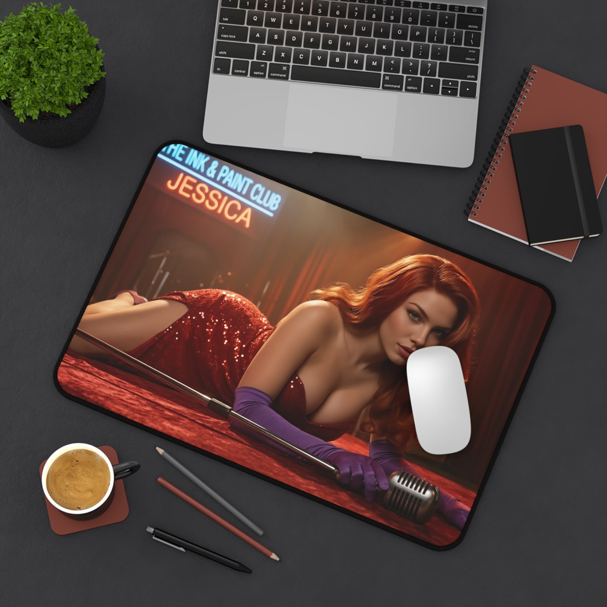 Jessica Rabbit Gaming Mouse Pad, Classic Cartoon Desk Mat, Retro Glam Desk Setup featuring vintage-style Jessica reclining on glamorous red sequin stage