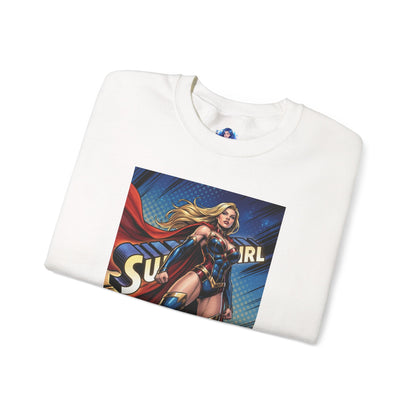 Supergirl Sweatshirt, DC Comics Crewneck, Iconic Superhero Fan Apparel with bold comic-style Supergirl print on white folded crewneck