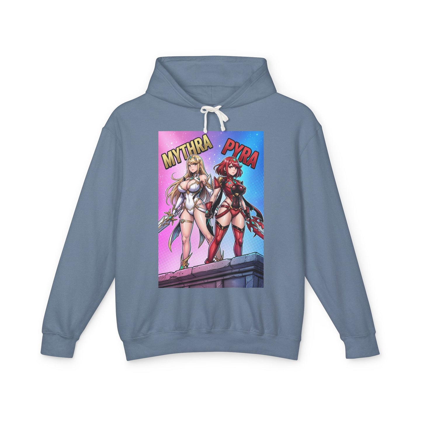 Mythra & Pyra Hoodie | JRPG Fantasy Hoodie | Anime Warrior Pullover, front view of blue pullover with dual heroines graphic