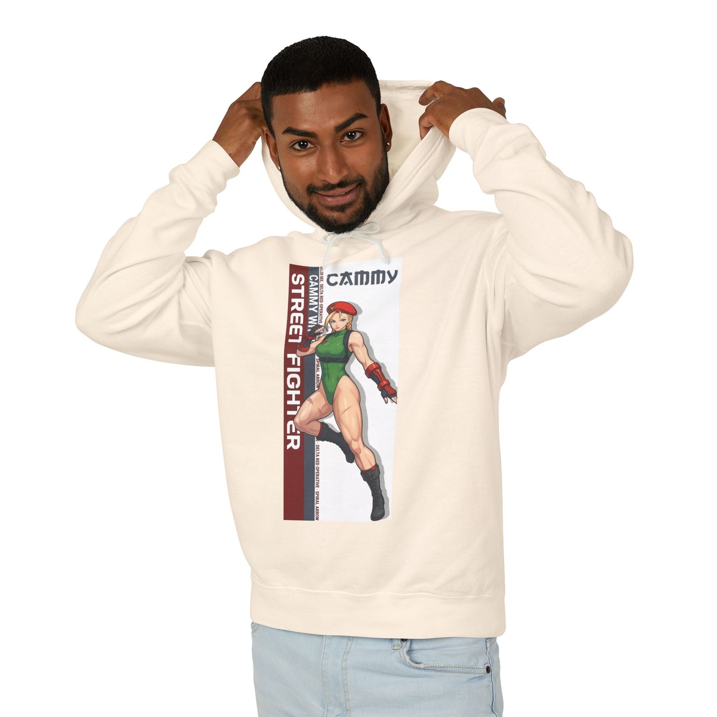 Cammy Hoodie | Street Fighter Hoodie | Anime Fighter Girl Pullover - model wearing cream pullover with Cammy graphic