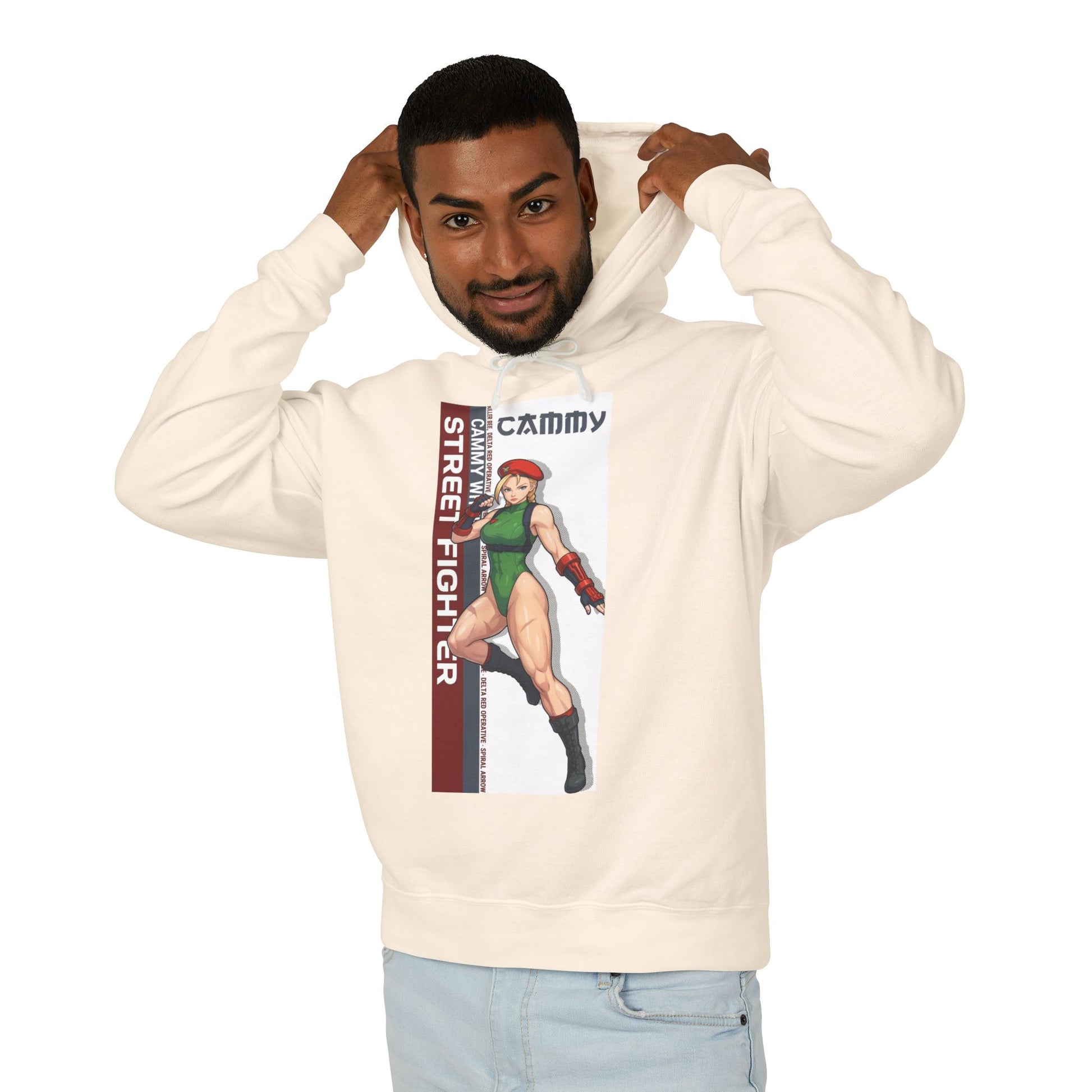 Cammy Hoodie | Street Fighter Hoodie | Anime Fighter Girl Pullover - model wearing cream pullover with Cammy graphic