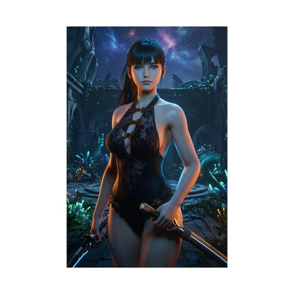 EVE Poster, Stellar Blade Art Print, Iconic Sci-Fi Action Hero — fierce heroine with dual blades in futuristic ruin, gaming room wall art