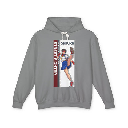 Sakura Hoodie | Street Fighter Hoodie | Anime Martial Artist Pullover - gray pullover with energetic Sakura martial artist graphic