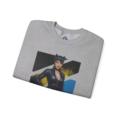 Catwoman Sweatshirt, DC Comics Crewneck, Sleek Superhero Apparel for Fans — folded grey crewneck with striking Catwoman artwork