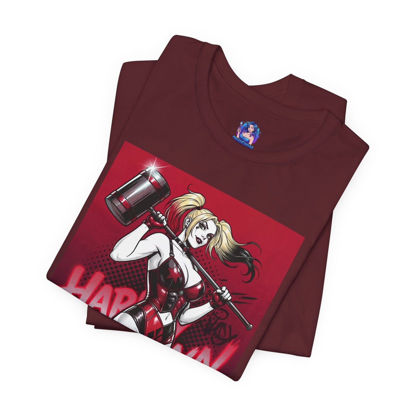 Harley Quinn T-Shirt | DC Comics Anime Tee for Gamers & Fans maroon Bella Canvas 3001 with comic-style Harley holding oversized hammer